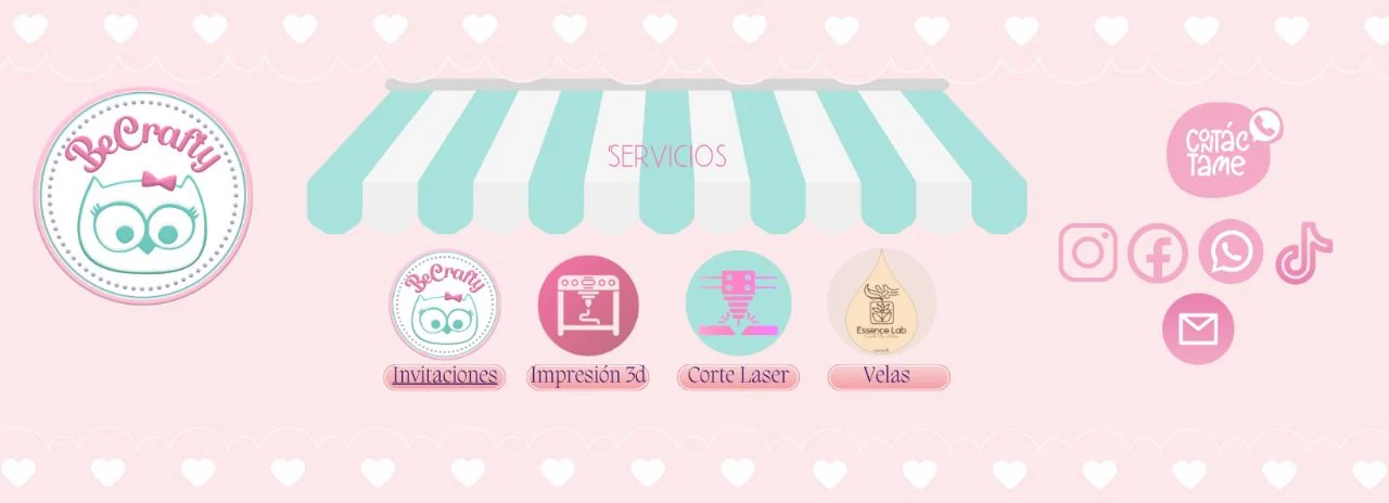 Página de inicio de BeCrafty con el toldo de servicios: invitaciones, impresión 3D, corte láser y velas