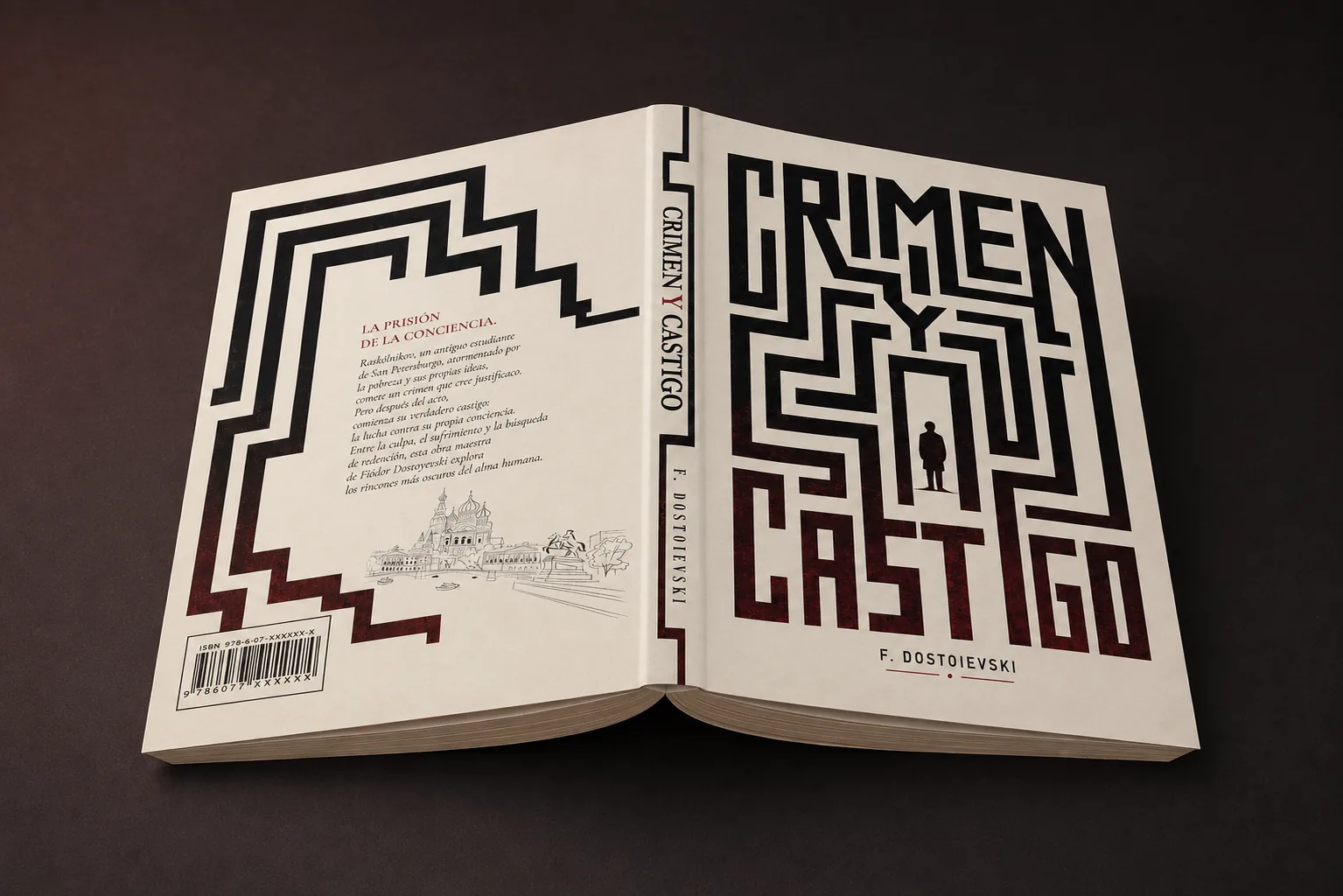 Cubierta completa de Crimen y Castigo abierta: contraportada, lomo y portada