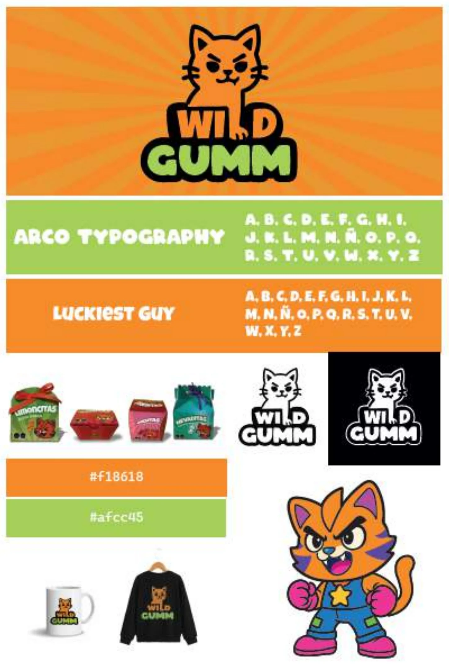 Tablero de marca Wild Gumm: logotipo, tipografías, colores, empaques y Will